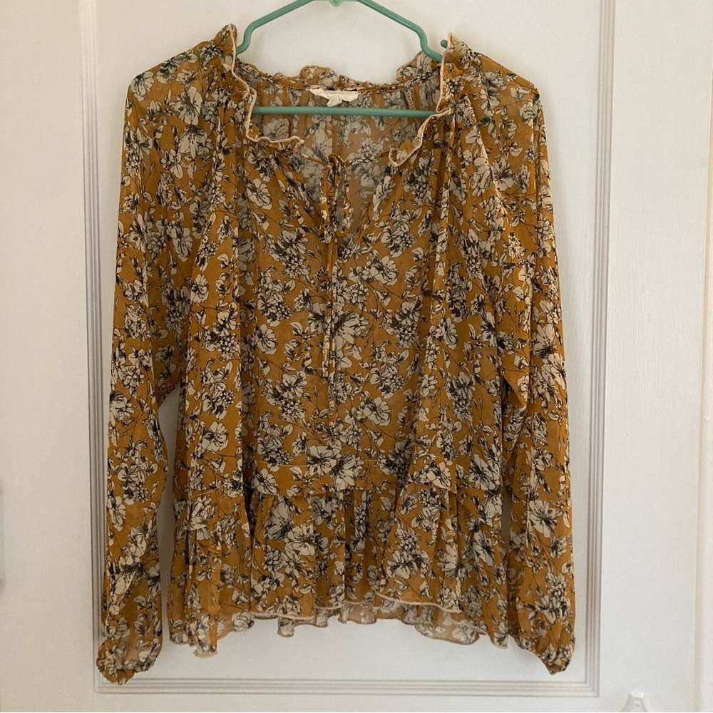 Freeway | Sheer Mustard Yellow Floral Peplum Blouse Size L
